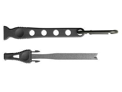 A black squid jig tool with a stainless steel blade and multiple holes on the handle for various sizes of hooks.
